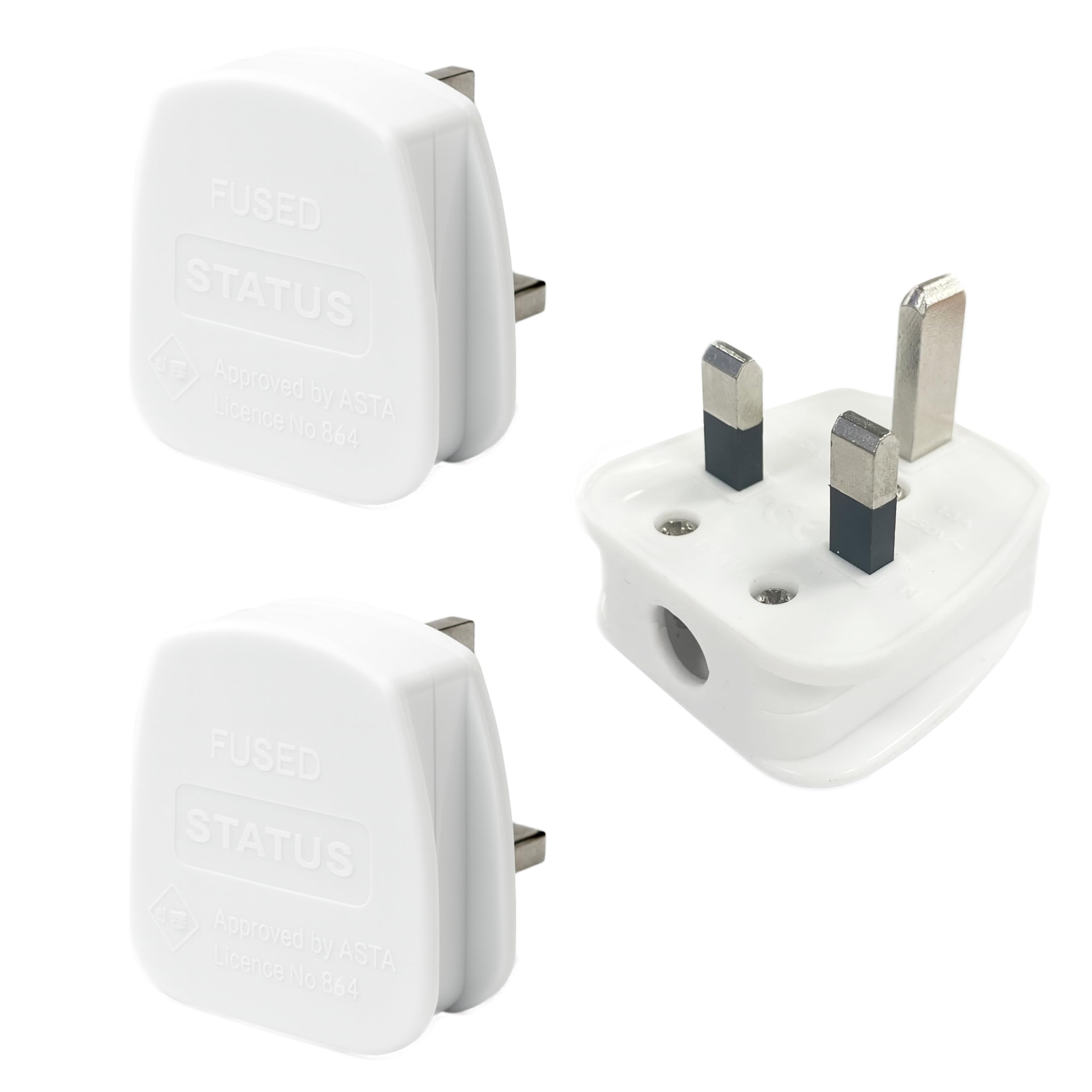 STATUS 13A 3‑Pin White Electrical Plug Tops – Pack of 3, BS1363‑Compliant with Cord Grip, CE Certified & Recyclable, Ideal for Home or Office Use, (13APLUG3PK5)