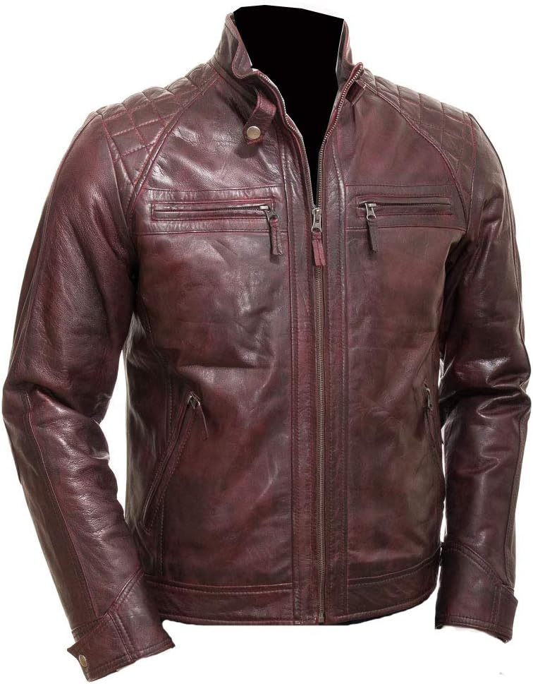 Maroon Distressed Leather Jacket Men Genuine Lambskin Mens Leather Jacket