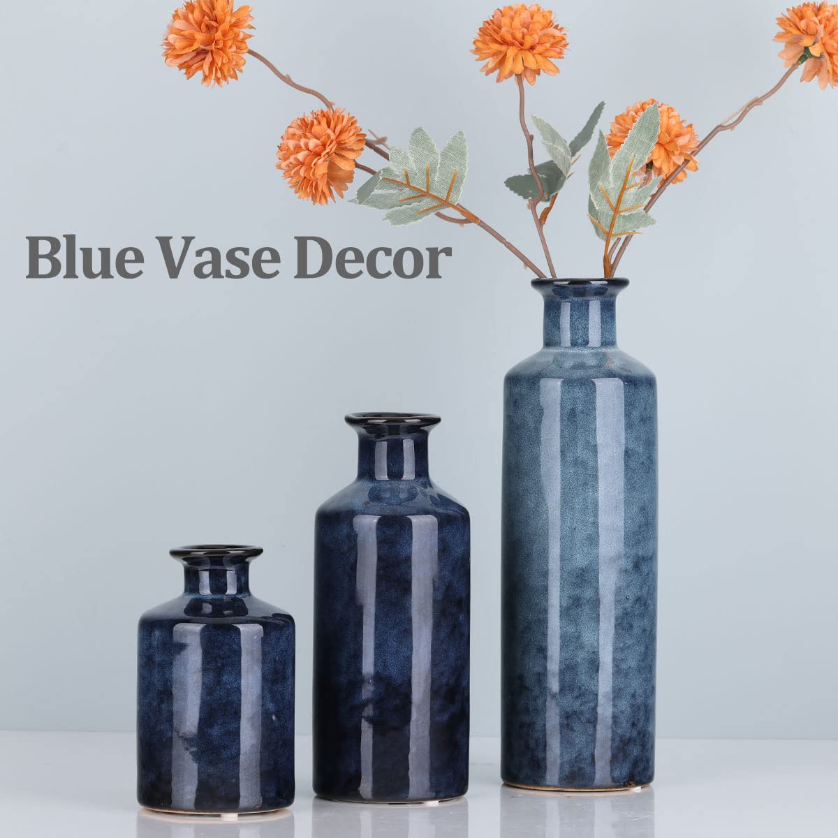 Blue Ceramic Vases Set - 3 Blue Small Vase, Farmhouse Country Blue Vases Home Decor, Living Room Decoration, Table Decoration, Fireplace Decor, and Entrance Decoration Centerpieces - Image 7