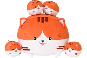 SQEQE Cat Plush Pillow Cute Cat Stuffed Animals with 4 Baby Cat Plushies in Her Tummy, Soft Cotton Kitten Plushie Pillow Doll Toy Gifts for Kids(Orange)