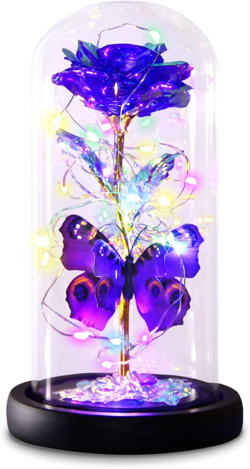 Dried & Preserved Flora - Greenke Valentines Day Rose Gifts for Her, Galaxy Purple Butterfly Rose in Glass Dome, Light Up Forever Rose Birthday Gifts for Women Mom Grandma Wife, Eternal Rose Gift for Mother's Day Anniversary