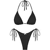 ZAFUL Bikini Sets for Women Eyelet Bowknot Two Piece Swimsuit Open Back High Cut Cheeky Triangle 2 Piece Bathing Suit Black S