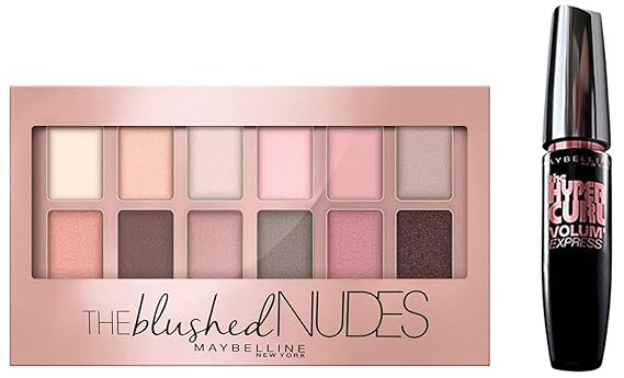 Maybelline New York The Blushed Nudes Palette Eyeshadow, 9g and Maybelline New York Hypercurl Mascara Washable, Black, 9.2ml