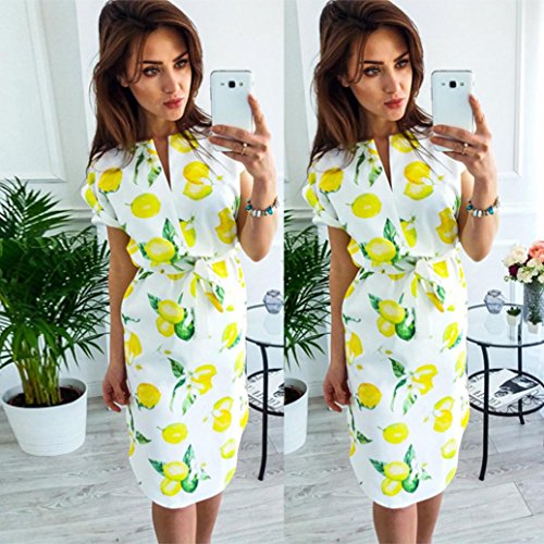 Women Sundress,Summer Short Sleeve V Neck Lemon Print Belted Midi Dresses Side Split (L, White)