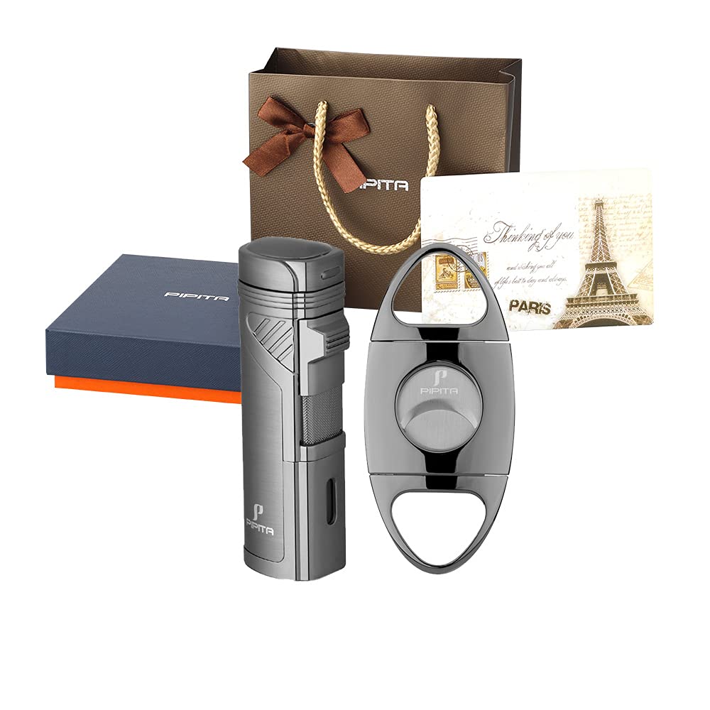 PIPITA 4 Jet Cigar Lighter and Cutter Set, Windproof Cigar Torch Lighter with Punch, Refillable Butane gas Jet Lighters with Nice Gift Box for Him Men (Without Gas)