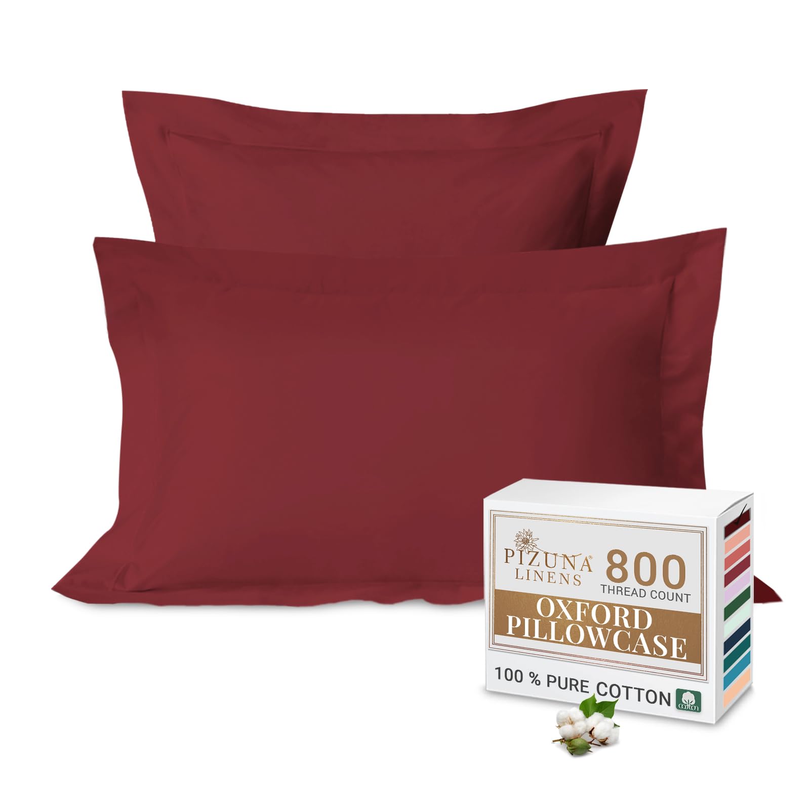 Pizuna Luxurious Cotton Oxford King Size Pillowcases 2 Pack Rio Red 50x90cm, 800 Thread Count Long Staple Combed Cotton Pillow Cover, Crisp Sateen Weave King Pillow Cases (Luxury Pillowcase 2 PC) — image 1