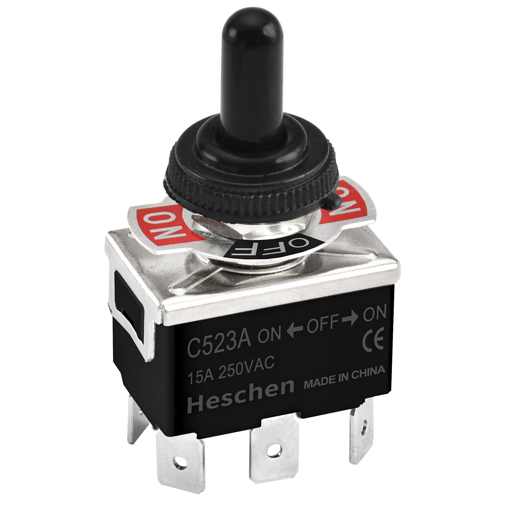 Heschen Metal Toggle Switch, C523A, DPDT, Maintained, ON/OFF/ON 3 position, 15A 250VAC, 6 Tab Terminal, CE, with Waterproof Cap (1)