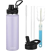 24oz Insulated Water Bottle with Straw&2 Lids, Stainless Steel Water Bottles, Sports Metal Water Bottle Cup, Double Walled Vacuum Insulated Bottles Leak-Proof Travel, Purple