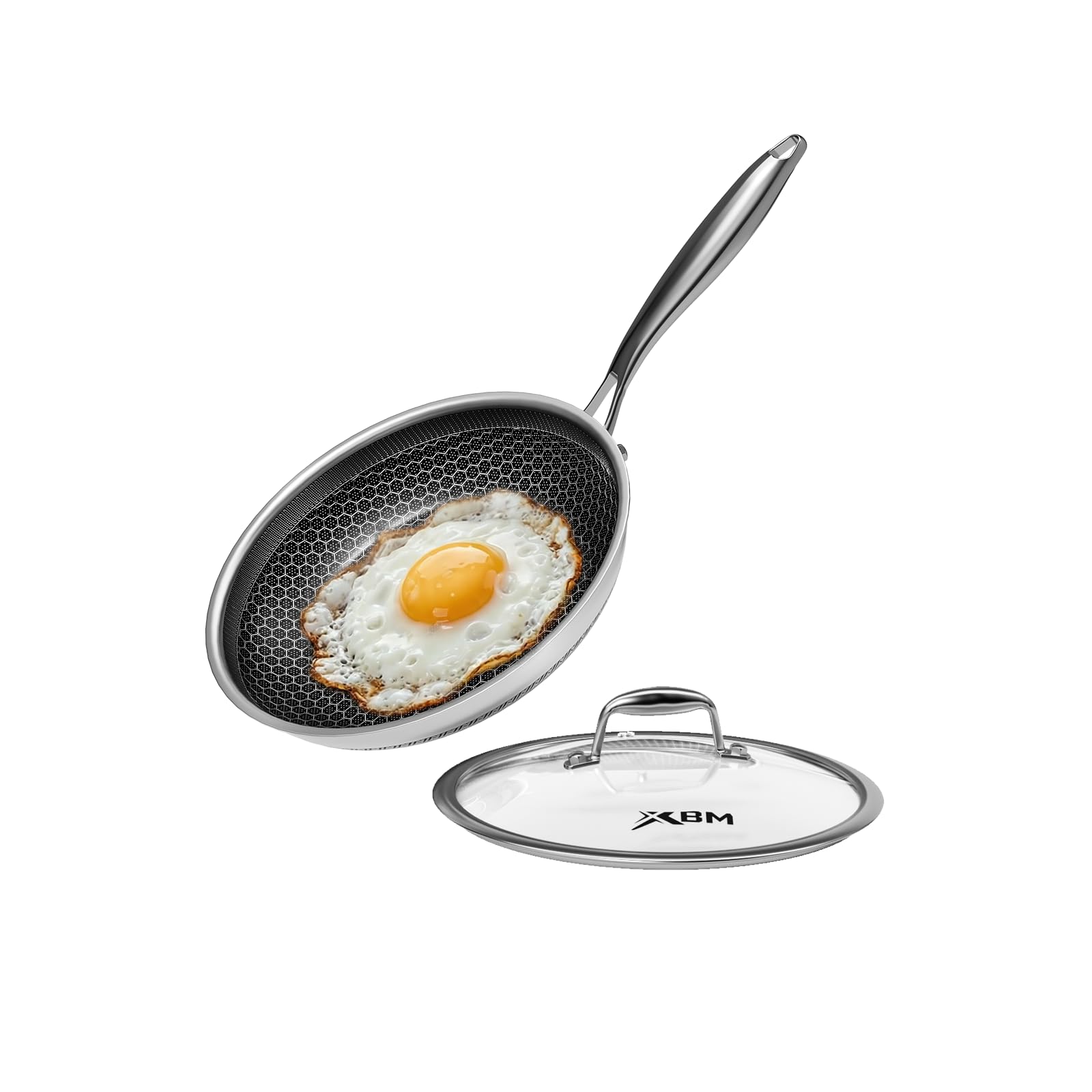 Photo 1 of ****SCREW ASSEMBLY FOR HANDLE BROKEN*** XBM Nonstick Frying Pan with Lid, Durable Stainless Steel Skillet, Induction Cooktop Compatible, PFOA-Free Scratch-Proof, Dishwasher & Oven Safe, Stay-Cool Handle, Silver Kitchen Cookware