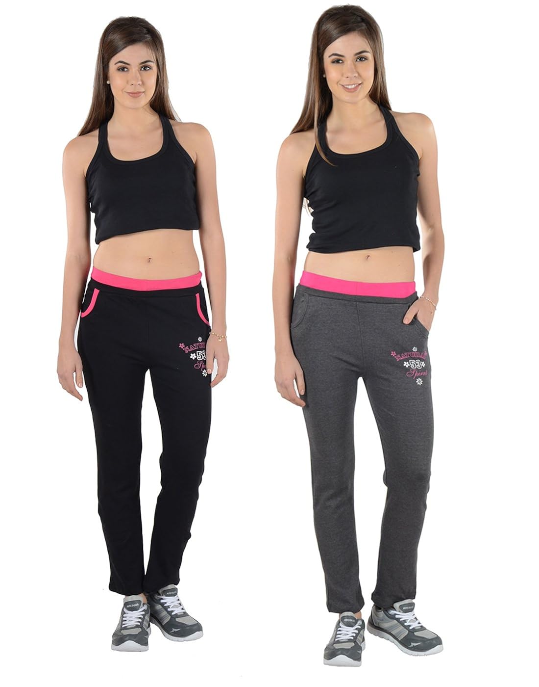 2day women's solid cotton track pants black/dark grey (pack of 2)