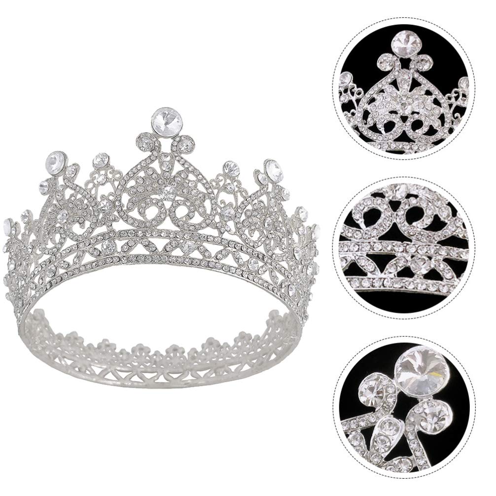 FRCOLOR Full Round Crystal Crown,Round Crowns Rhinestone Bridal Tiara Wedding Crown Rhinestone Headbands for Women,Girls(Silver)