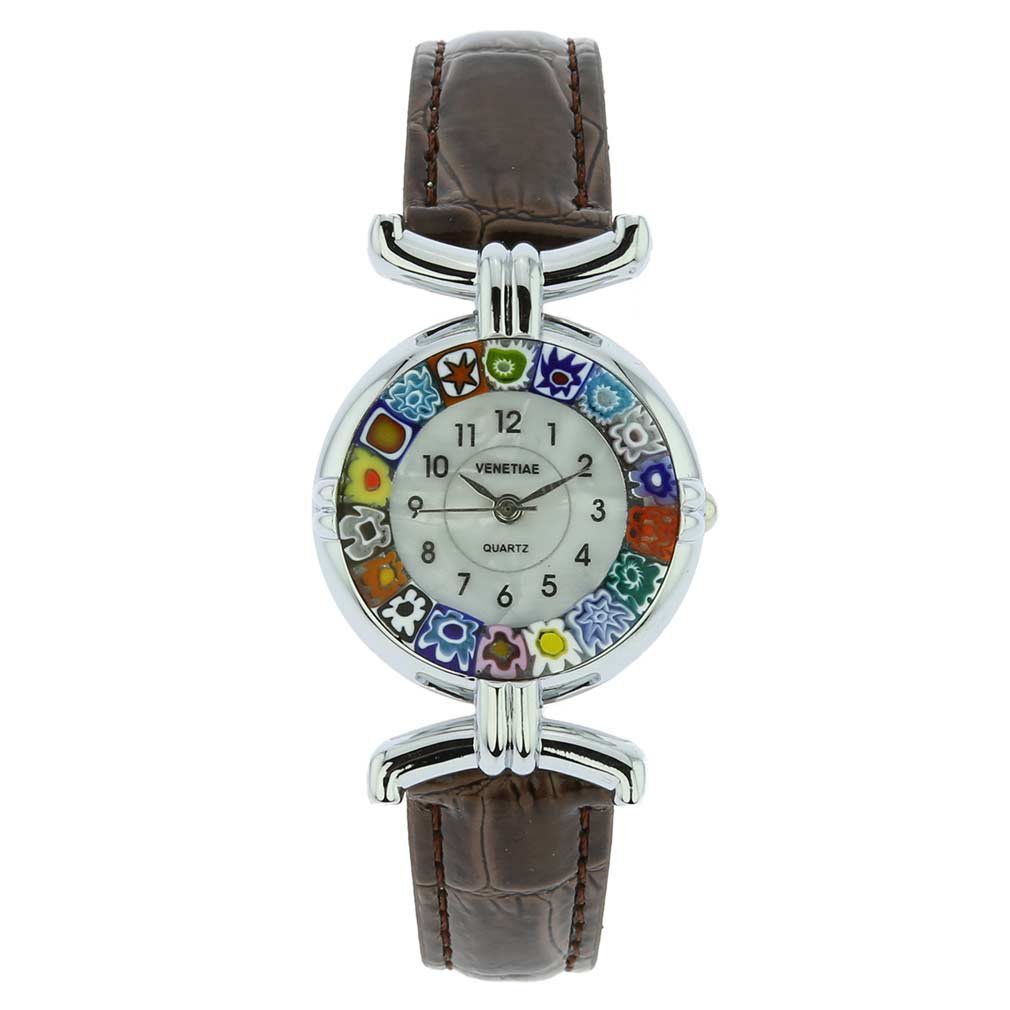 Glass Of Venice Murano Glass Millefiori Watch with Leather Band - Brown