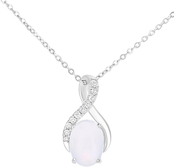 Naava 9ct White Gold Oval Opal and Diamond Twist Pendant Necklace of