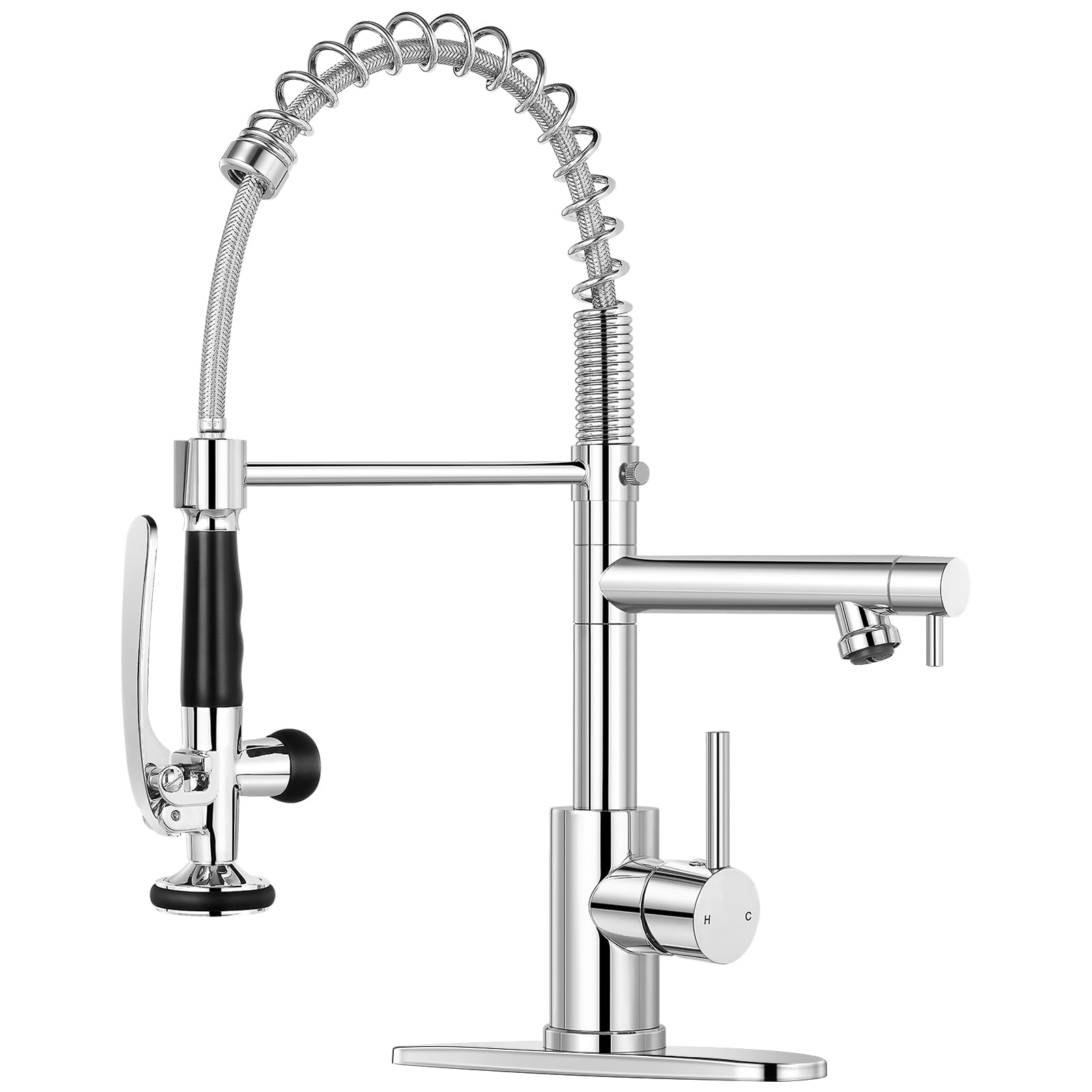Photo 1 of KZH Kitchen Faucet with Single Handle Kitchen Sink Faucet with Pull Down Sprayer Commercial Double-Headed Stainless Steel Kitchen Faucets Sink with Deck Plate, Chrome