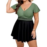 Arolina Women's Plus Size Tankini Swimsuits Swim Dress Mesh Bathing Suits Two Piece Ruffle V Neck Swimwear with Swim Shorts