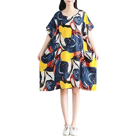IZZB Mode Damen Sommer Partykleid Kurzarm-Blumendruck O-Ausschnitt Lose Baumwolle Polyester Pullover Freizeitkleid Abendkleid