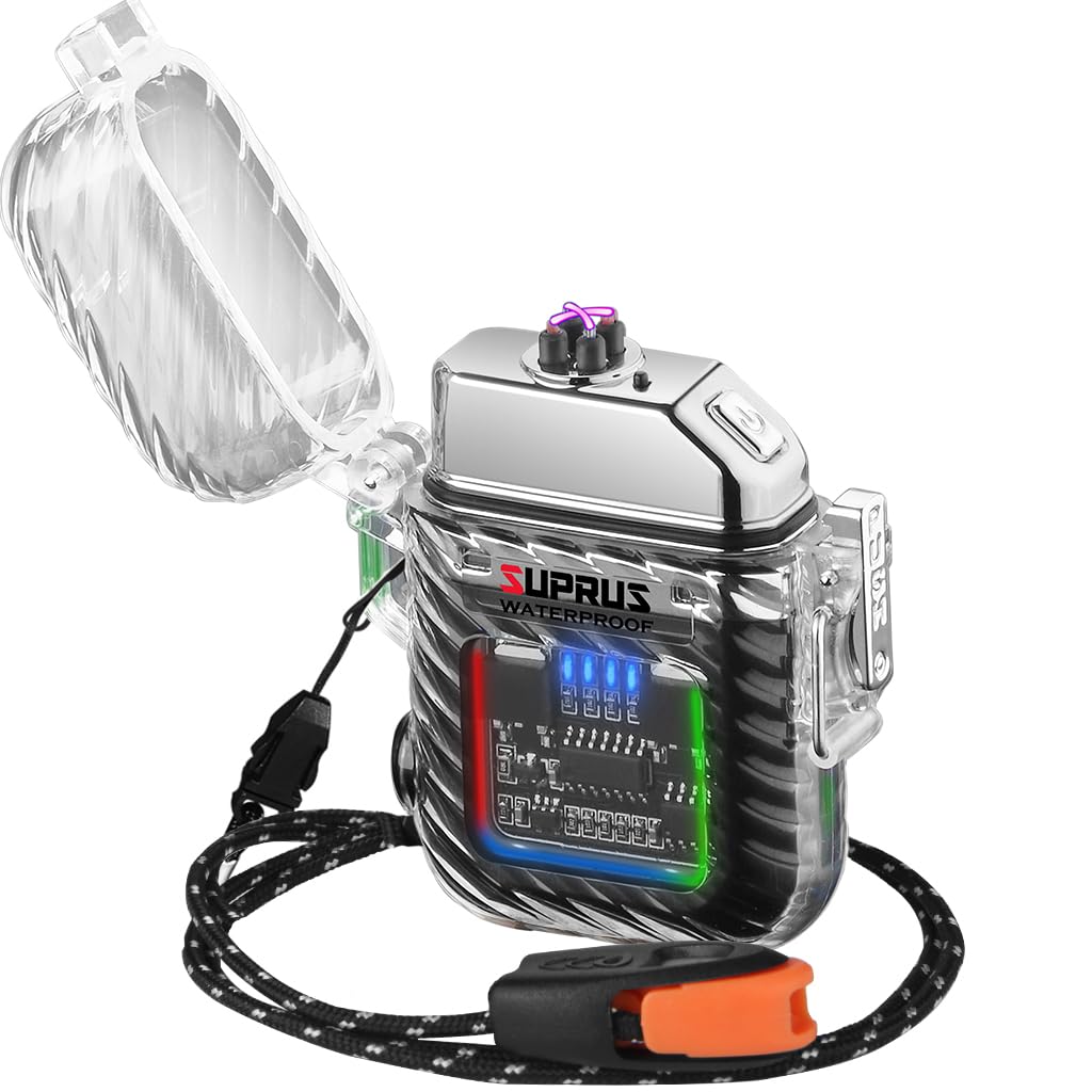 SUPRUS Luminous 3 Modes of Flashlight Windproof Waterproof Electric Lighters Rechargeable Dual Arc Plasma Lighter with Survival Emergency Whistle and Lanyard