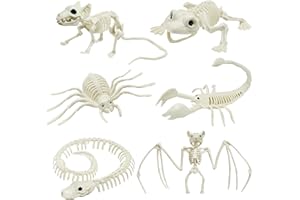 LUKBERA 6pcs Halloween Animal Skeletons, Bat Frog Scorpion Spider Snake Rat Skeletons for Halloween Party Haunted House Graveyard Scene Decoration