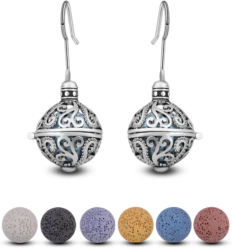 INFUSEU Lava Stone Essential Oil Diffuser Filigree Drop Dangling Hook Earrings for Women Aromatherapy Lava Rock Beads Jewelry set