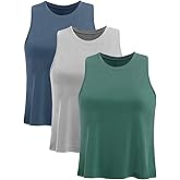 Ridshy Crop Tops for Women Workout Athletic Tank Tops Flowy Cropped Tank Tops Yoga Sleeveless Muscle Shirts 3 Pack