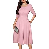 Bbonlinedress Women Cocktail Dress Formal Wedding Guest 3/4 Sleeve A-Line Swing Square Neck Church Midi Tea Prom Dress