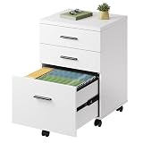 DEVAISE 3 Drawer File Cabinet for Home Office, Wood Under Desk Filing Cabinet, Rolling Printer Stand with Wheels, White
