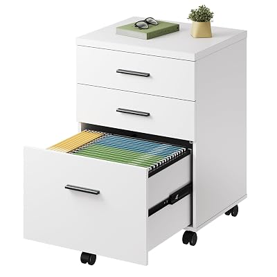 DEVAISE 3 Drawer File Cabinet for Home Office, Wood Under Desk Filing Cabinet, Rolling Printer Stand with Wheels, White