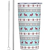 JASROTAO Christmas Pattern Tumbler with Straw, Elk Snowflakes 20oz Stainless Steel Vacuum Insulated Coffee Cup Travel Mug, Leakproof Lid, Souvenir for Women Men (Halloween, Birthday, Christmas)