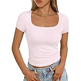 AUTOMET Womens Square Neck Double Lined Tops Going Out Short Sleeve Crop T Shirts Summer Clothes Basics Tee
