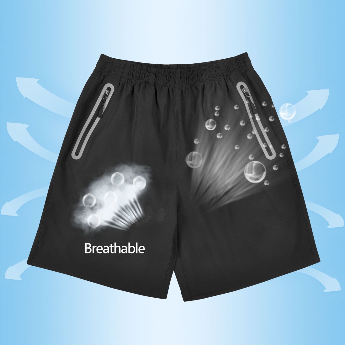 SuperArt Men\'s Gym Shorts Outdoor Sports Running Beach Shorts Lightweight Quick Dry Shorts Reflective with Zipper Pockets (Black, Medium)