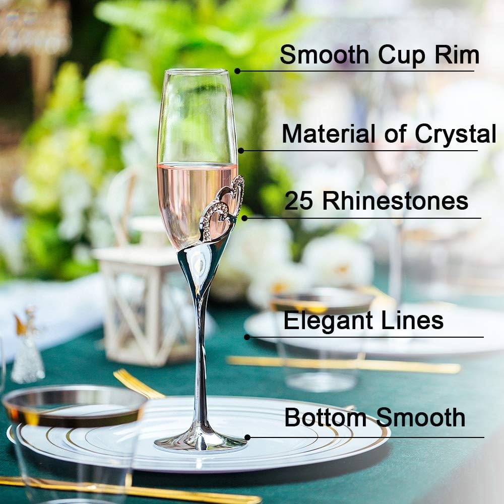 Sziqiqi 2-Piece Creative Champagne Glass Set Wedding Crystal Glasses Heart-Shaped Wedding Champagne Gift Cut Glasses, Silver - Image 5