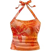 Milumia Women Floral Halter Top Bow Tie Backless Going Out Sleeveless Beach Tank Tops