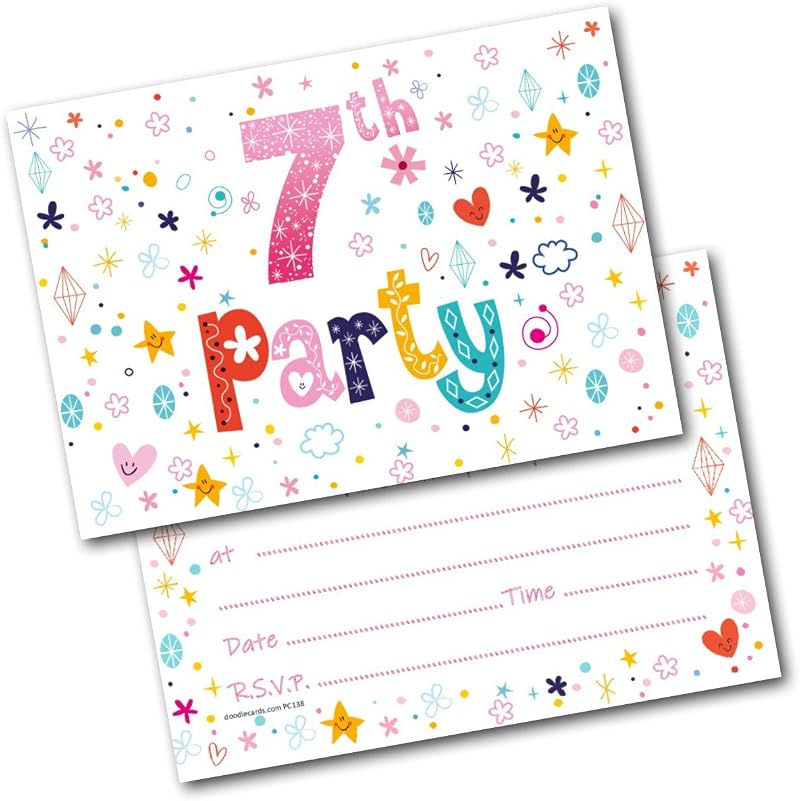 doodlecards 7th Birthday Invitations for Girls Age 7 - Pack of 20 Invites &