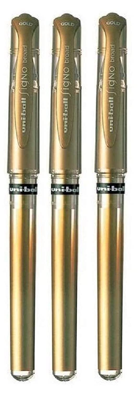 Uni Ball Gold Signo Pen Broad Metallic Gel Ink Rollerball Metal 1mm Tip Nib 0.65mm Line Width With Rubber Grip UM-153 (Pack Of 3)