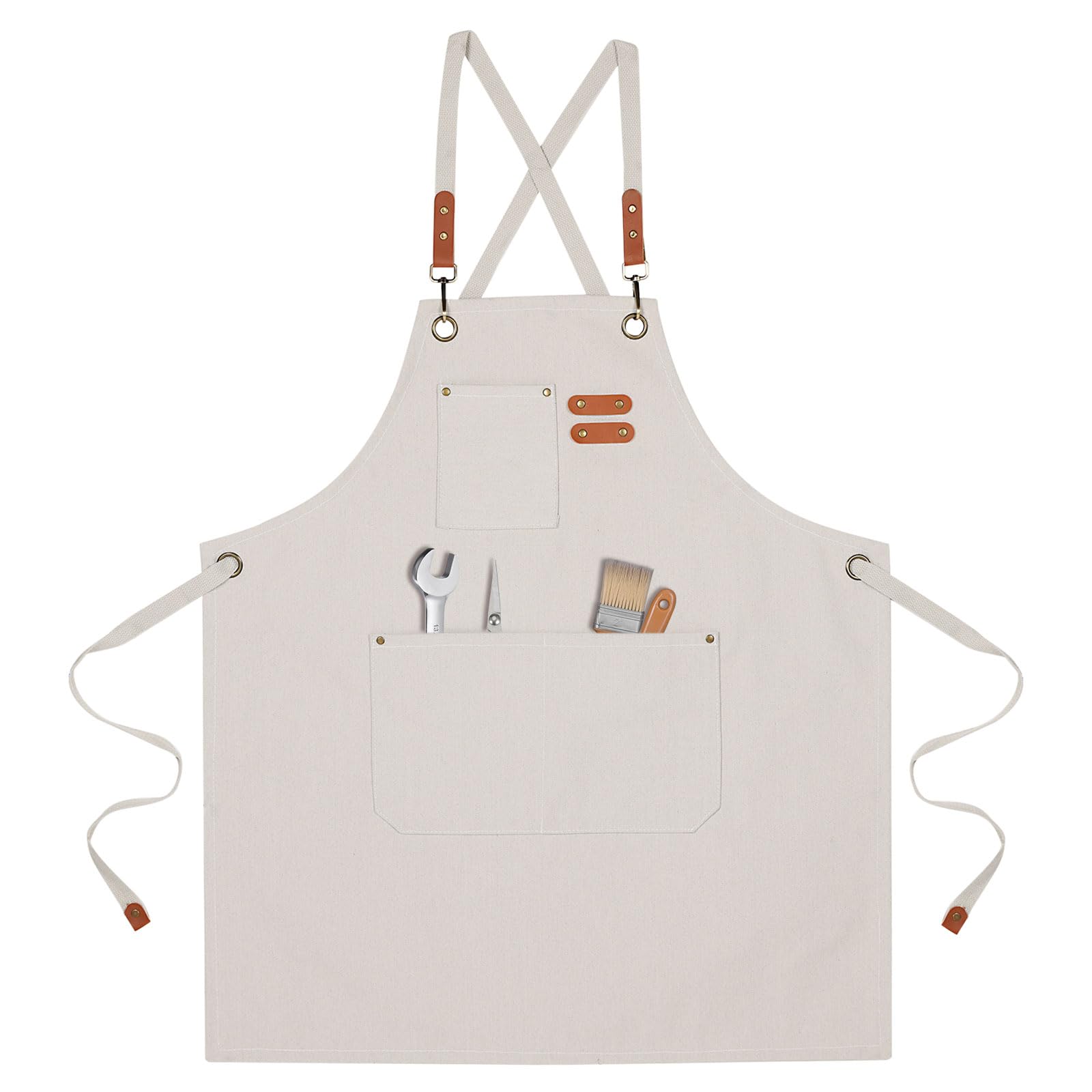 Uxcell Chef Apron for Men and Women with Large Pockets, Cotton Canvas Cross Back Aprons for Kitchen Cooking Art Painting, Fits for Size M to XXL, Beige
