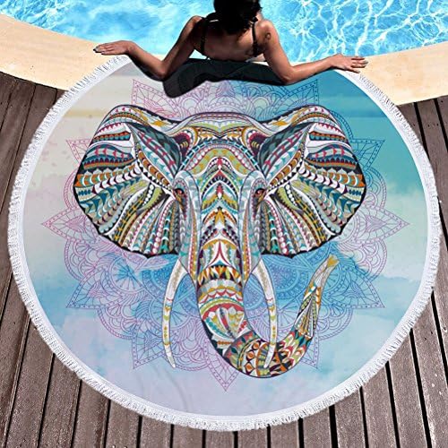Desun Round Beach Towel Large Mandala Beach Towel Blanket with Tassels Ultra Soft Super Water Absorbent Multi- Purpose Beach Throw 59 inch (Elephant 1)