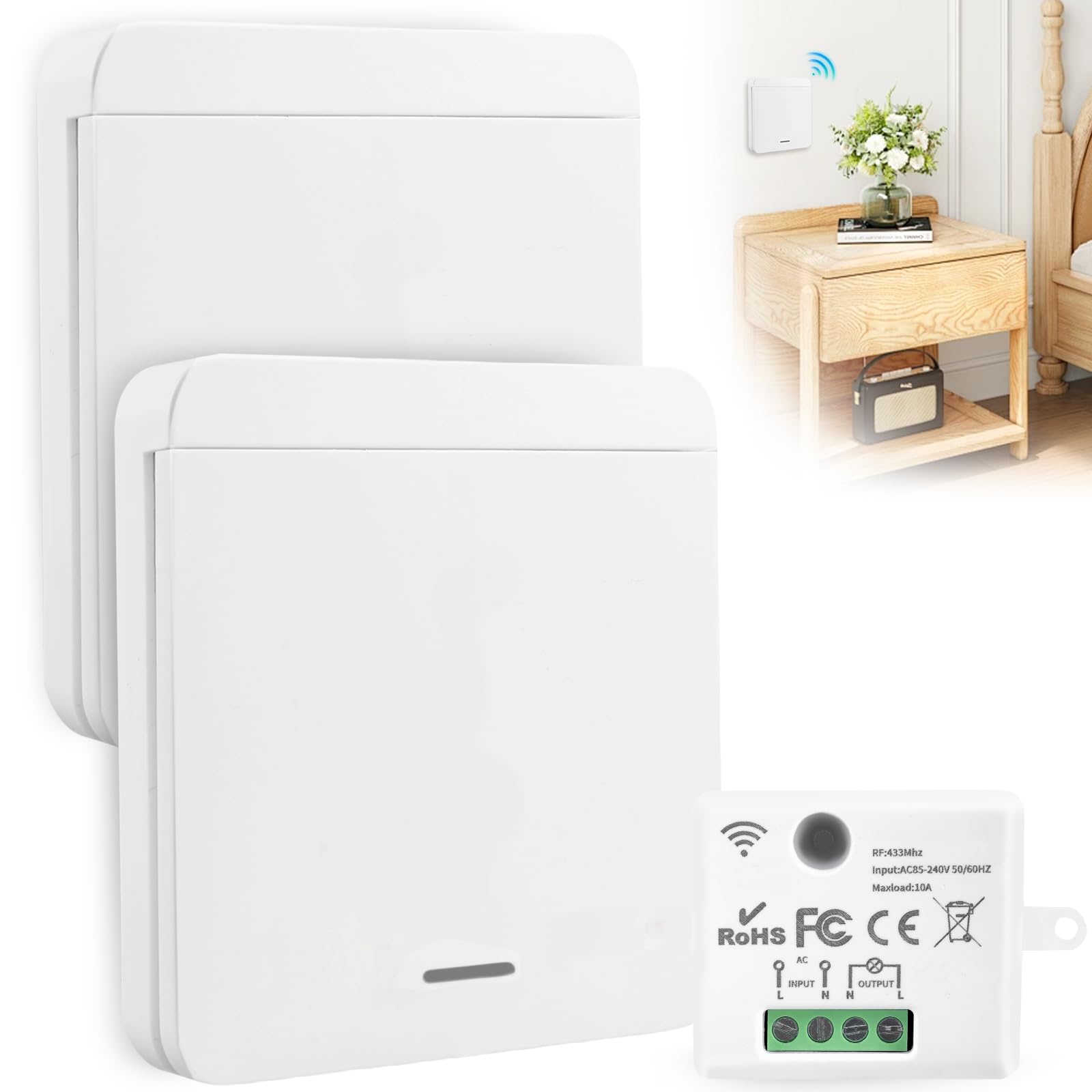 Funkschalter 230V Funk-Lichtschalter Set: WIYETY RF 433Mhz Funk Lichtschalter, Funk-Empfänger, Funkschalter Licht für Lampe, Reichweite von 30 Metern, für Lampen bis 1500W(2 Schalter 1 Empfänger)