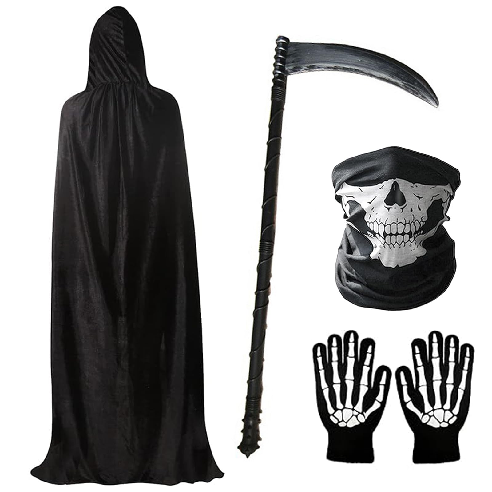 Grim Reaper Halloween Costume Set - Horror Robe With Scythe Prop, Gloves, Facewear - Death Cosplay Fancy Dress for Halloween Dress Up