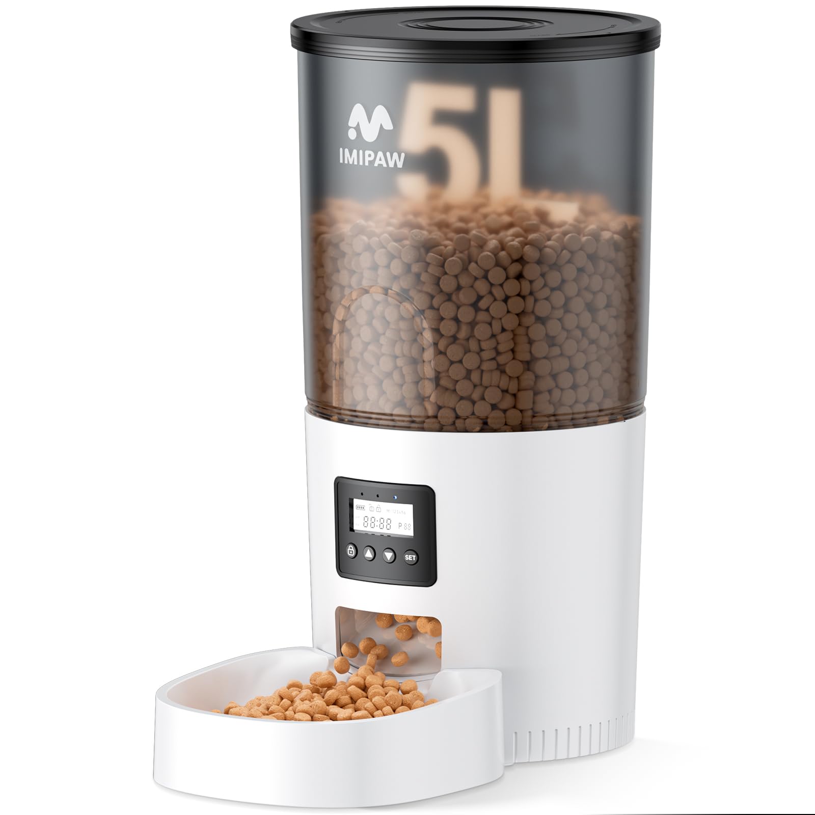 Photo 1 of IMIPAW Automatic Cat Feeders, 5L Large Capacity, Timed Feeding Dry Food, Dual Power Design, Programmable Portion Size, 1-6 Meals Per Day, with Desiccant Packet, Suitable for Small Pets Food Dispenser