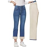 AMRSPENG Women's Fleece Lined Jeans Women Straight Leg Jeans Winter High Waisted Fleece Lined Denim Pants