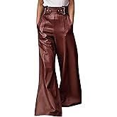 oshoplive Women's Faux Leather Pants PU High Waist Wide Leg Pants with Pockets Pleated Going Out Flare Trousers