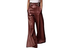 oshoplive Women's Faux Leather Pants PU High Waist Wide Leg Pants with Pockets Pleated Going Out Flare Trousers