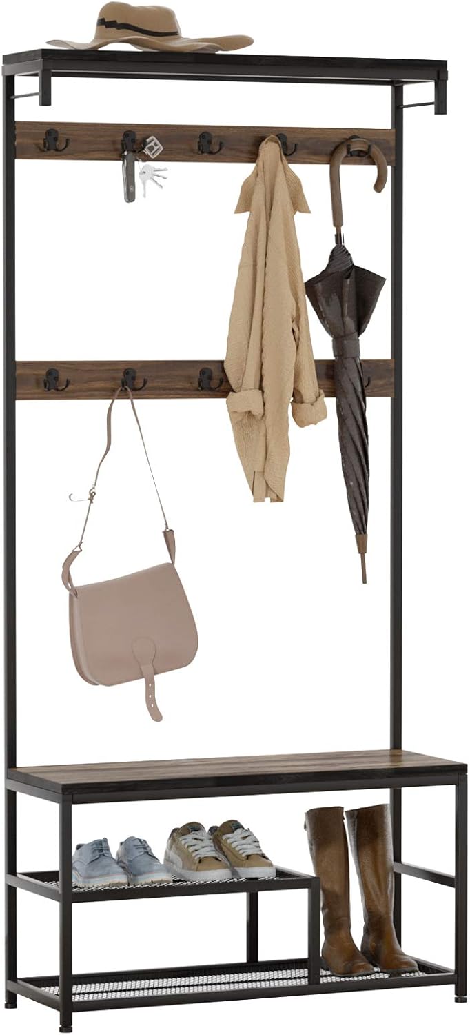 nearest rack room shoes on Amazon Com Seirione Coat Rack Shoe Bench Hall Tree With Storage Shelf For Entryway 10 Double Hooks Wood Look Accent Furniture With Metal Frame Grain Brown Black Home Improvement
