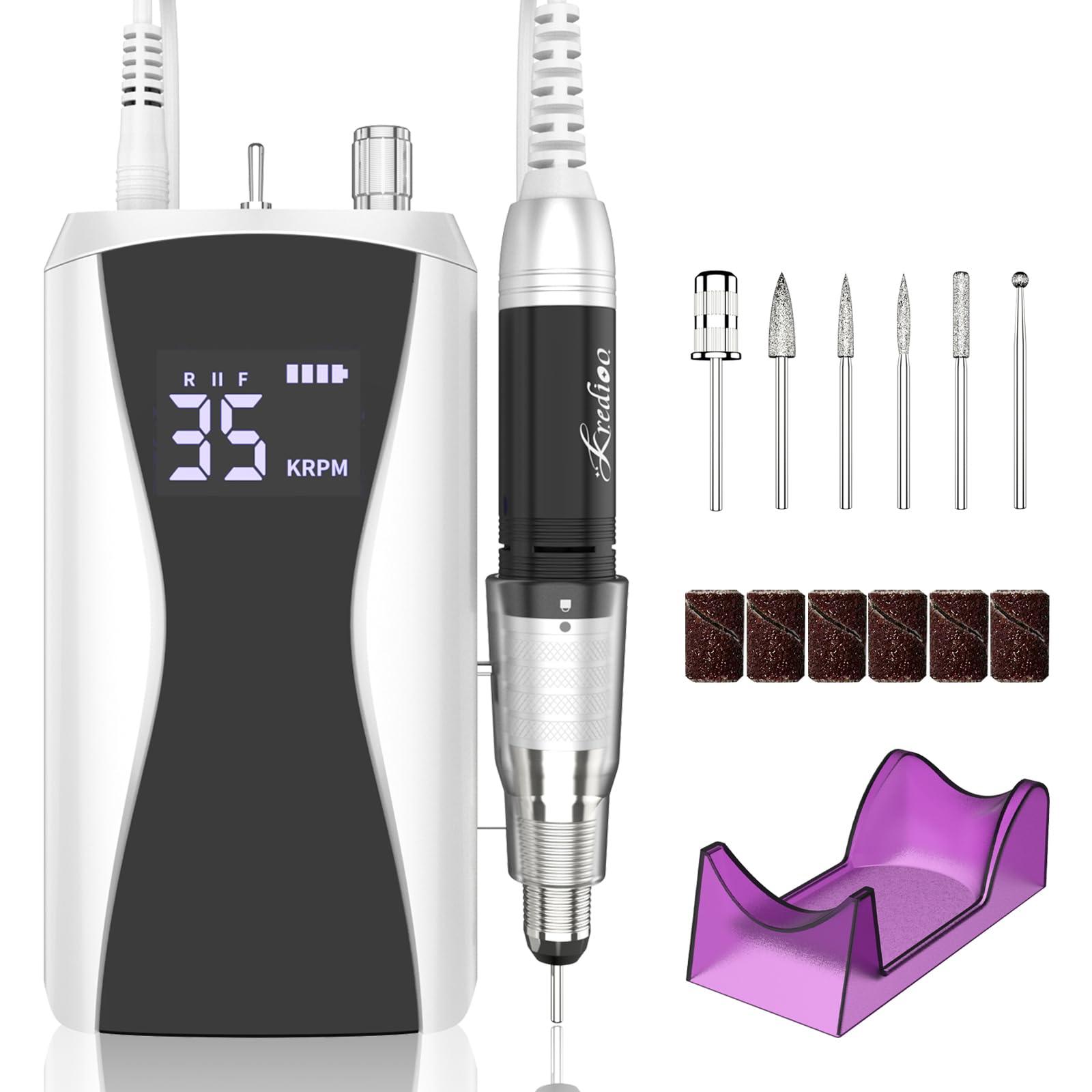 Kredioo Professional Electric Nail Files 35000RPM Portable Nail Drill for Gel Nail Acrylic Nails, Rechargeable E File Kit Manicure and Pedicure Set with Pause Button, 36W, Black
