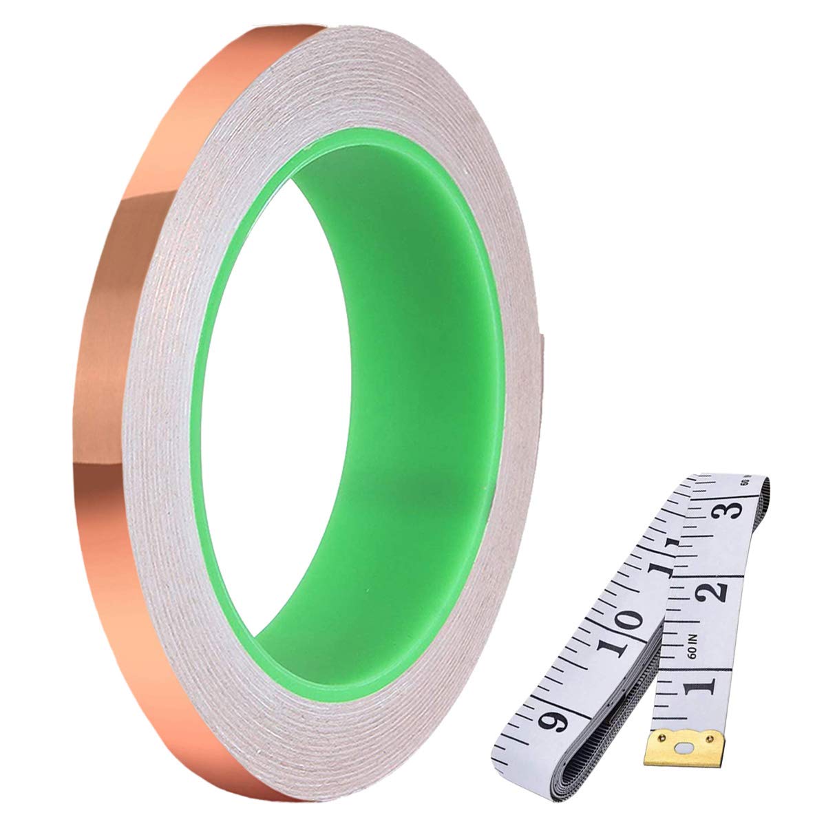 Youmile Double-Sided Conductive Copper Foil Tape (5mm/0.2inch x 30m/98ft) 0.05mm Thickness for Guitar,Electrical Repairs,Soldering with 1.5m/16ft Measuring Tape