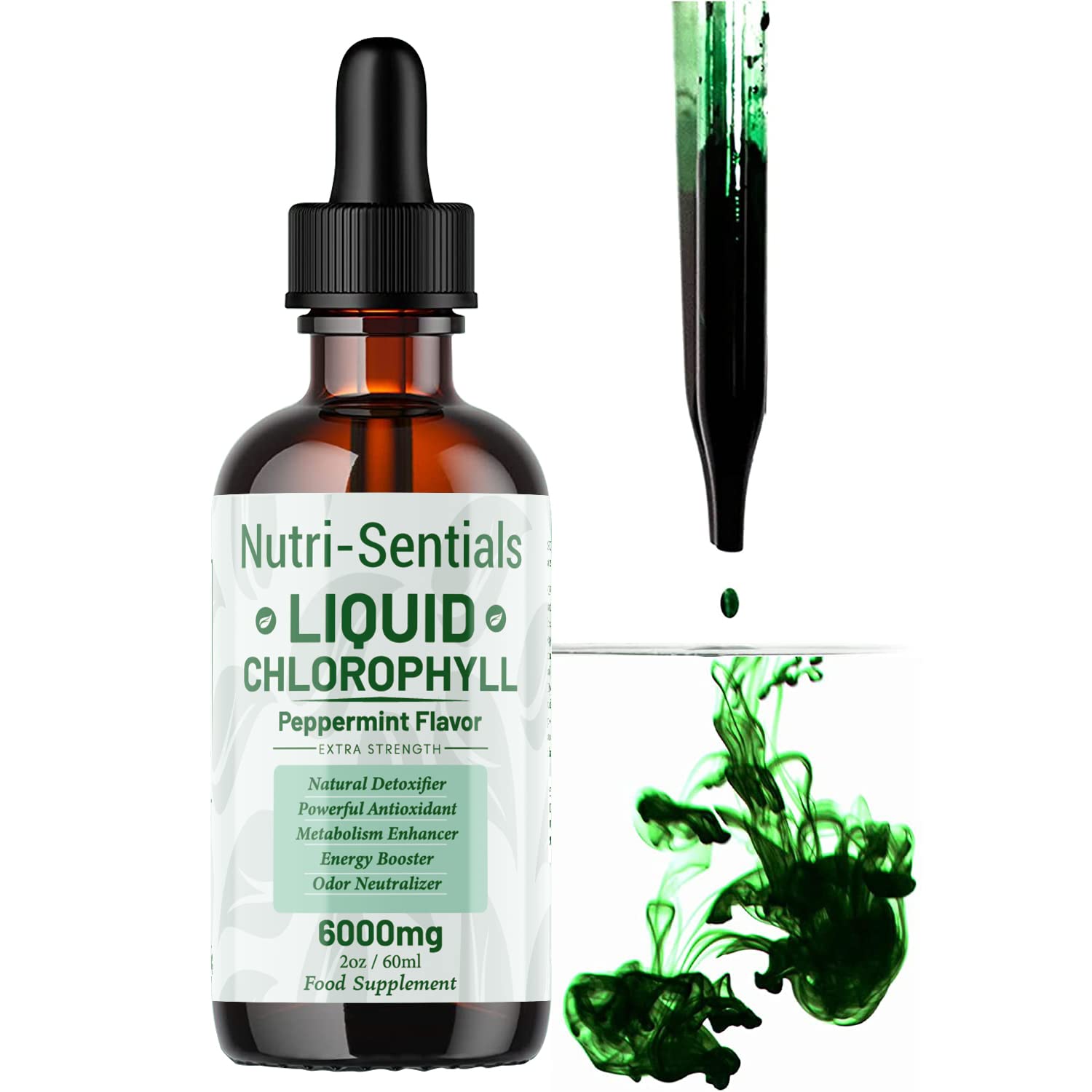 Liquid Chlorophyll Drops for Water 6000mg High Strength, Peppermint Flavour Chlorophyll Drink, Natural Detox & Cleanse, Energy Booster, Antioxidant Support, 60ml 60 Servings Vegan Supplement