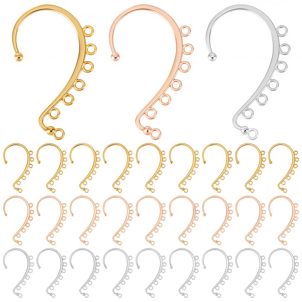 SUNNYCLUE 1 Box 30Pcs 3 Colors Ear Wrap Findings Ear Cuffs Bulk Non Pierced Ears Wraps with 7 Horizontal Loops Cuff Earring Components for jewellery Making Accessories Adults DIY Dangle Earrings