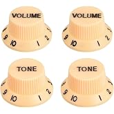 MECCANIXITY Speed Control Knobs 6mm ID 2 Volume 2 Tone Top Hat Guitar Bell Knobs for ST/SQ Electric Guitar Plastic Cream with Black Characters 2Set