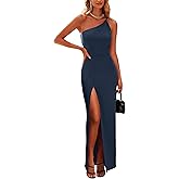 PRETTYGARDEN Women's Summer Formal Wedding Guest Dresses One Shoulder Spaghetti Strap High Slit Maxi Bodycon Dress