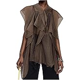 OYOANGLE Women's Asymmetrical Ruffle Chiffon Blouse Sheer Cap Sleeve V Neck Flowy Trendy Tops